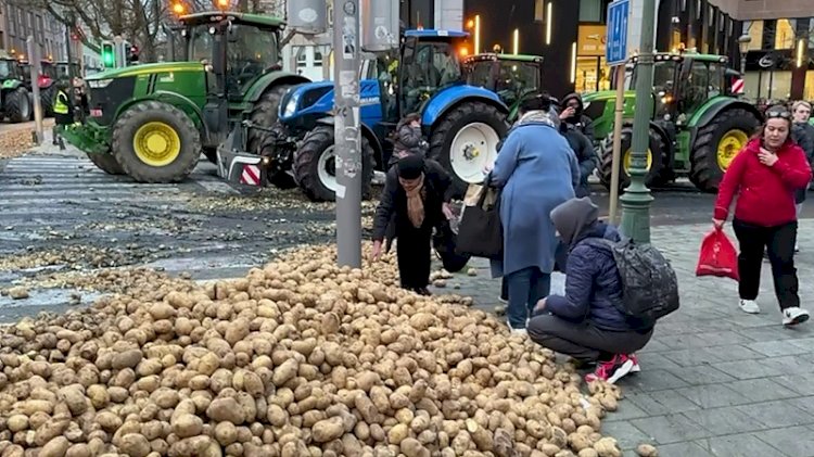 Çiftçilerden sert protesto: Brüksel’in Tarihi Meydanı tonlarca patatesle doldu